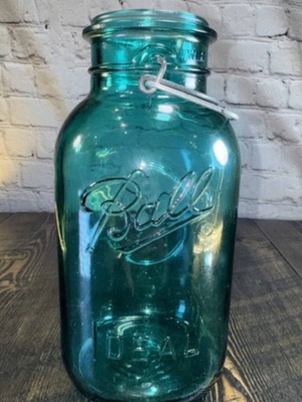 Vintage Ball Ideal Blue Glass Canning Jar w/ Wire Closure, 9.5" tall - NO lid